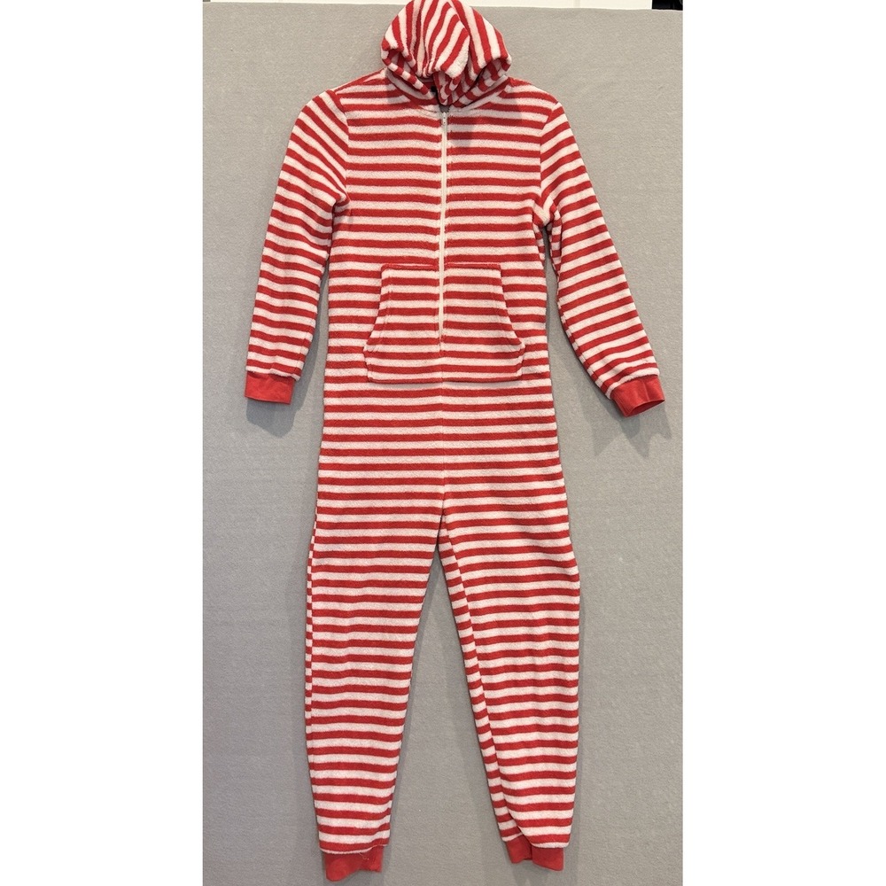 Forever 21 Girls One Piece Pajamas Candy Cane Striped Fleece Jumpsuit Sz 9/10